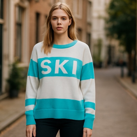NWT CeCe “SKI” Motif Turtleneck Sweater Cozy Winter  Colorblock Soft - Picture 1 of 9